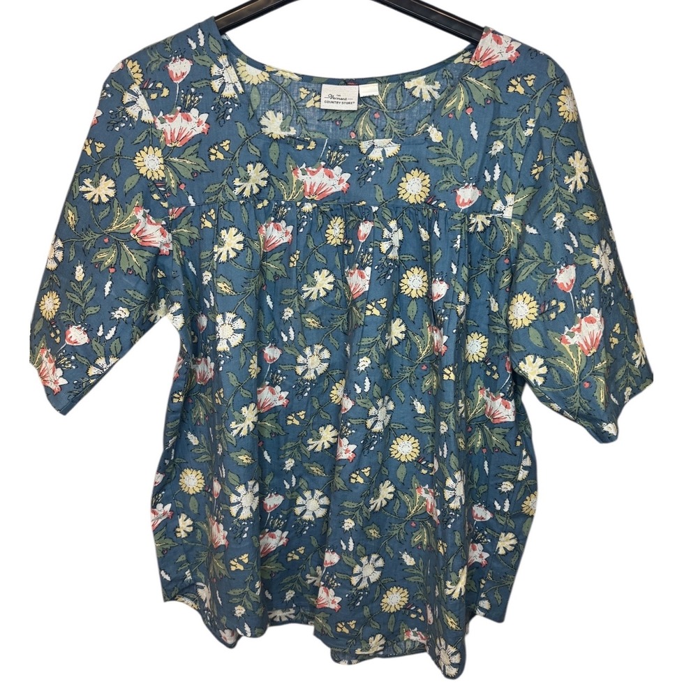 The Vermont Country Store Floral Prairie Top‎ Women's Size Small Blue Cotton
